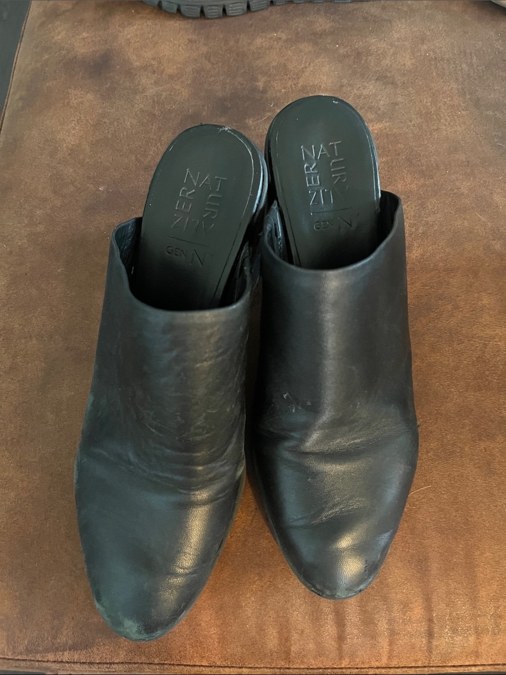 Naturalizer Black Leather Block Heel Mules